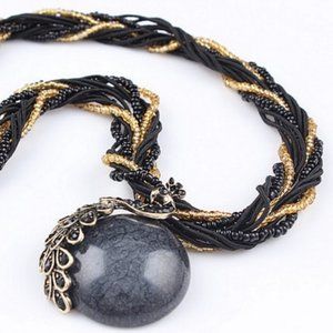 ❤️ NEW Necklace Black & Gold Phoenix Peacock Beaded Natural Stone, Crystals